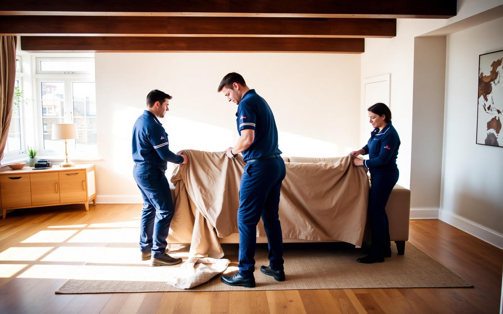 Commercial Moves crew wrapping a sofa with protective blankets in a London home